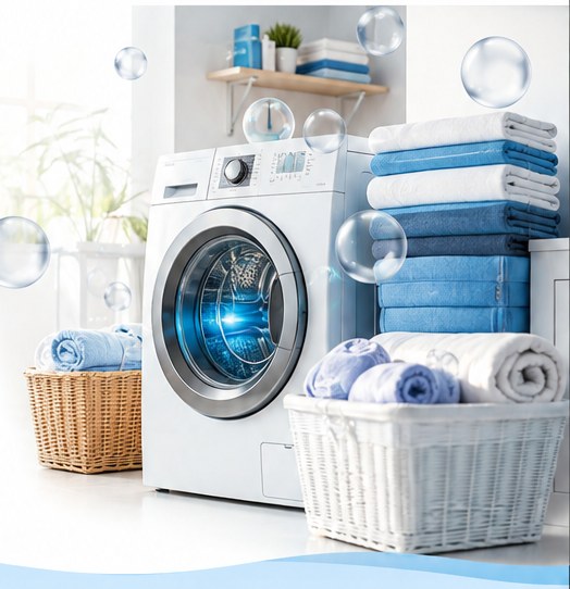 Mosógép és tiszta, összehajtott textilek